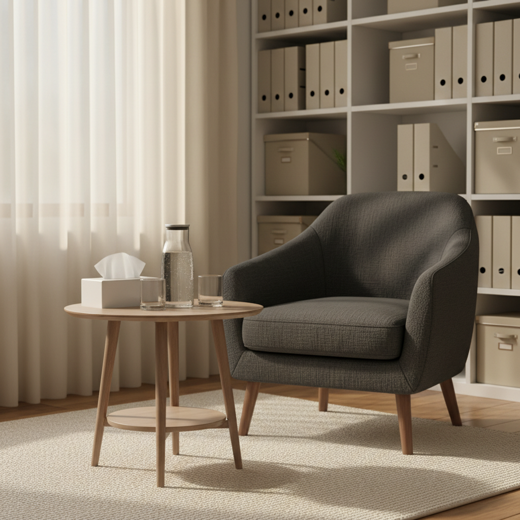 A modern therapy office corner without any people, featuring a plush charcoal-gray armchair with a textured fabric finish, angled slightly toward a low, round ash-wood table. On the table rests a glass carafe of water with condensation droplets, two simple tumblers, and a stack of neatly arranged tissues in a minimalist holder. Behind, a tall bookshelf holds carefully ordered binders and neutral-toned storage boxes. Warm afternoon sunlight filters through semi-sheer curtains, casting soft, elongated shadows on the light rug. Shot at eye level in photographic realism with a moderate depth of field, the composition feels inviting and safe, suggesting a stigma-free, professional space for mental health support.