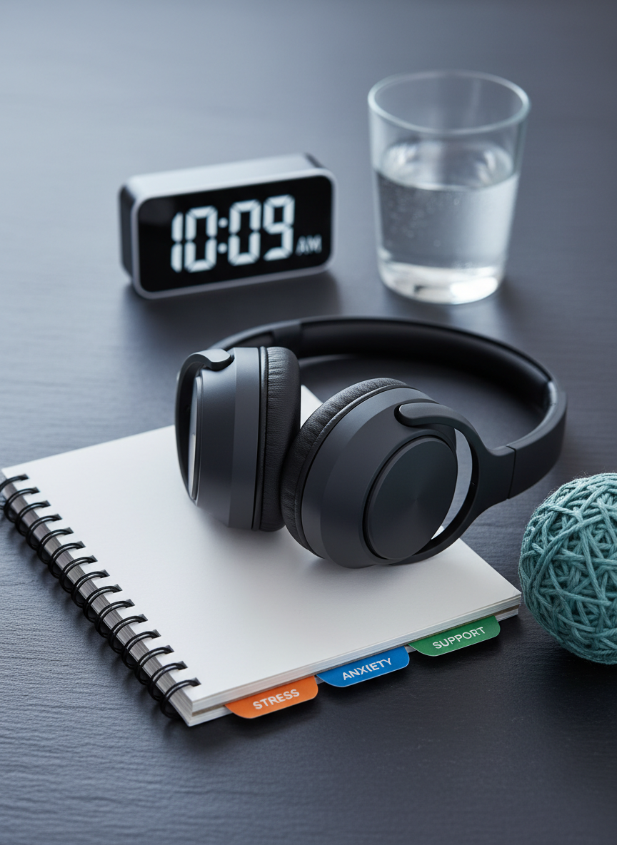 A close-up of a smooth, dark slate tabletop with a neat arrangement of mental health resources: a spiral-bound workbook with tabs labeled “Stress,” “Anxiety,” and “Support,” a pair of noise-canceling over-ear headphones with matte gray finish, and a soft woven stress ball in muted teal. In the background, slightly out of focus, a small digital clock glows with a gentle white light next to a glass of water. Cool, diffused studio lighting creates crisp, clean edges and subtle reflections on the slate. Photographic realism and centered composition deliver a calm, professional mood, emphasizing practical tools for managing mental health and reducing stigma around seeking help.