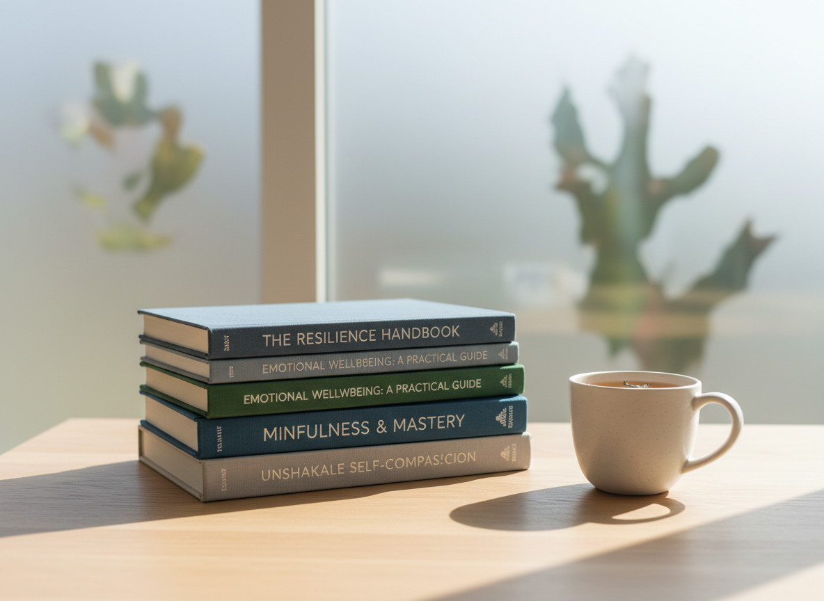 A neatly stacked pile of hardcover self-help and psychology books with textured cloth covers in calming blues, greens, and soft grays, arranged on a light oak desk beside a simple ceramic mug of herbal tea. Behind them, a large frosted glass window reveals only abstract shapes of trees, creating a gentle, blurred backdrop. Soft, diffused daylight fills the room, casting mild shadows and subtle reflections on the desk’s smooth surface. Shot at eye level with a shallow depth of field, the focus stays on the titles about resilience and emotional wellbeing. The photographic realism and clean, professional composition evoke clarity, learning, and a stigma-free approach to mental health.