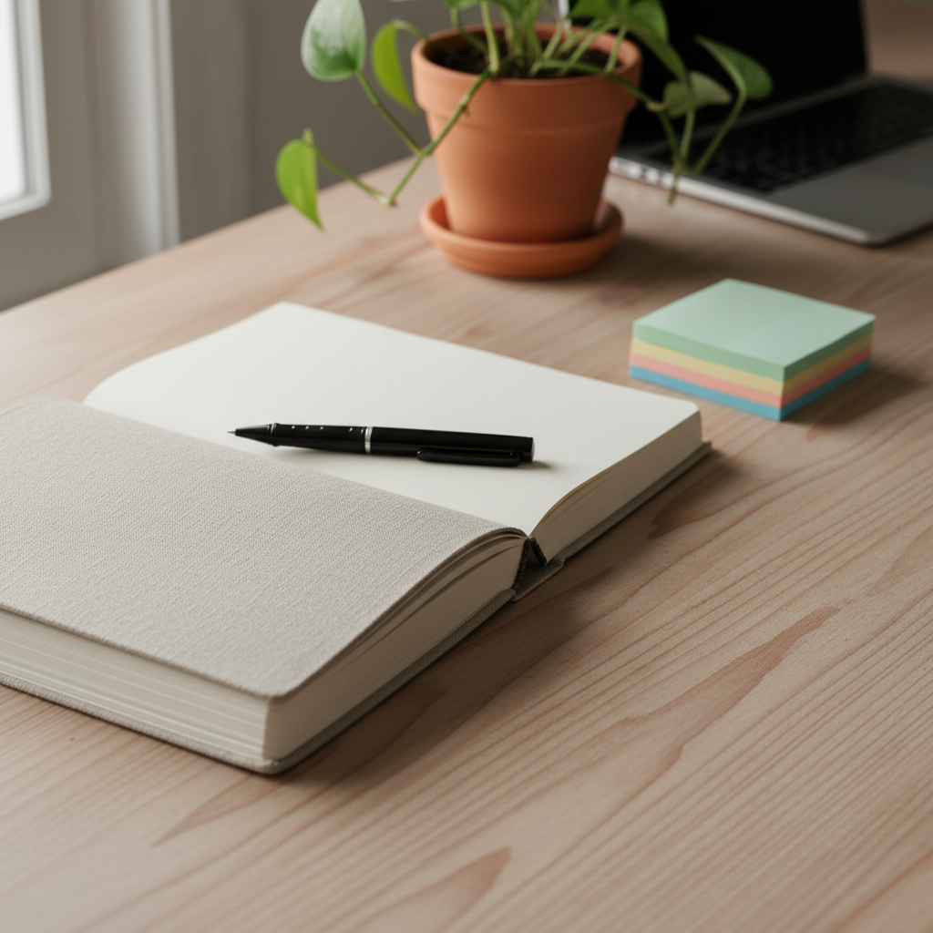 A tidy wooden desktop featuring an open linen-bound journal with thick, off-white pages, a fine-point pen resting in the center crease, and a small stack of colorful sticky notes arranged methodically beside it. A minimalist clay planter with a thriving green plant sits in the background next to a closed laptop. Soft overcast light pours in from an unseen side window, creating velvety shadows and a serene, low-contrast look. Captured from a slightly elevated angle in photographic realism, the composition follows the rule of thirds, emphasizing space for reflection and calm organization. The atmosphere feels professional yet comforting, suggesting structured journaling as a powerful tool for strengthening the mind and challenging stigma.